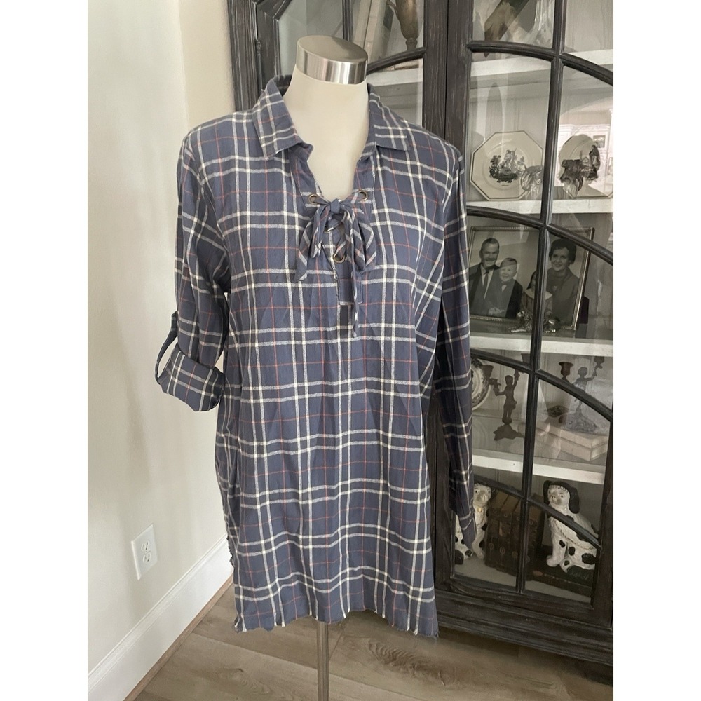 NWT JODIFL Sz S Lace-up Tunic Top Plaid Blouse‎ Roll Tab Sleeve Raw Hem Flannel